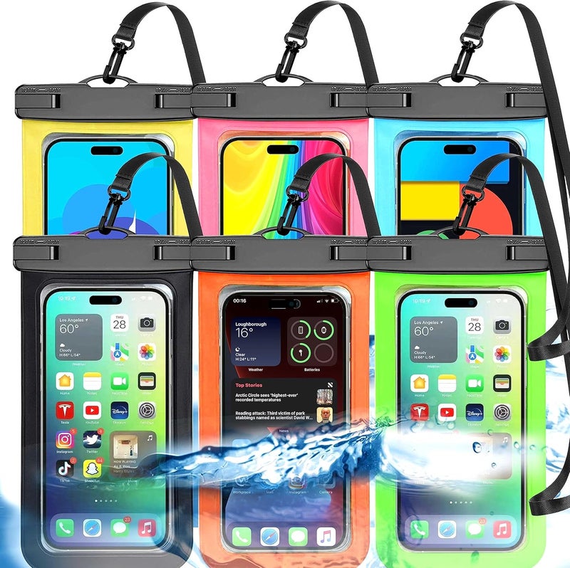 Famoby [Up to 8.3"] 6 Pack Multicolor Universal Waterproof Phone Pouch, Phone Waterproof Case Dry Bag (Protection Level: IP68) Outdoor for Apple iPhone,Samsung,and More(Black,Blue,Pink,Orange,Yellow,Green) - Image 1